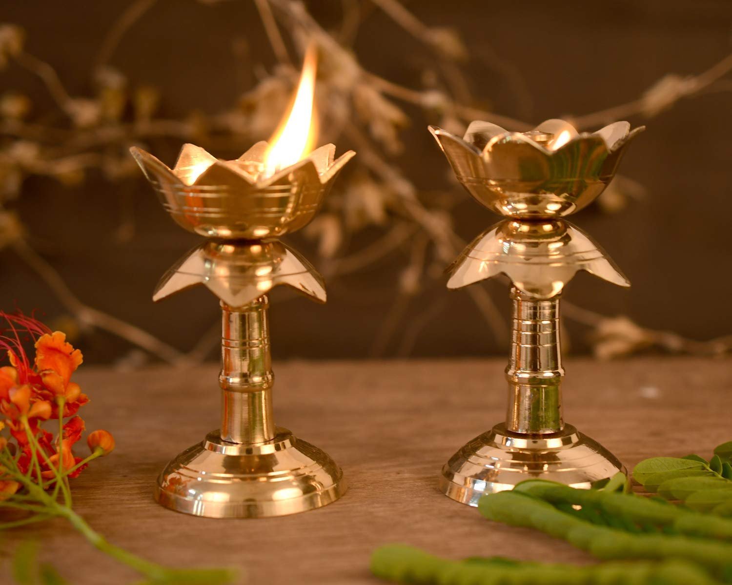 Brass Housewarming Set (Pooja Diya or Vilakku, Brass Pot, Kamatachi Oil  Lamp, Brass plate, Ganesh and Lakshmi Idols)