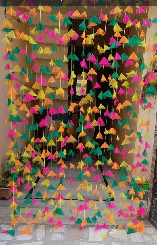 Decorative Triangle Tissue Net Cloth Garlands 7ft Hanging for Mehndi,  Haldi, Wedding, Party Décor/Backdrops, Home Décor, Color Theme Party,  Festivals (Triangle Hanging (Multicolor) – Craftomanic